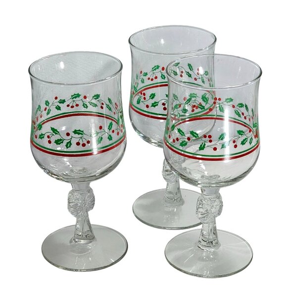 3 Arbys Christmas Bows Holly Water Wine Glasses 6.5" goblets 1980s bow stem - Picture 2 of 8